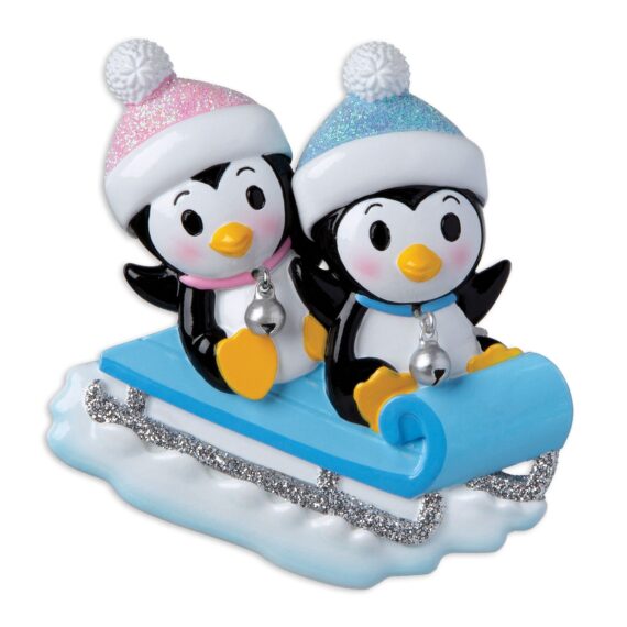 2 Penguin On Sled Ornament Blue and Pink -Personalized by Santa