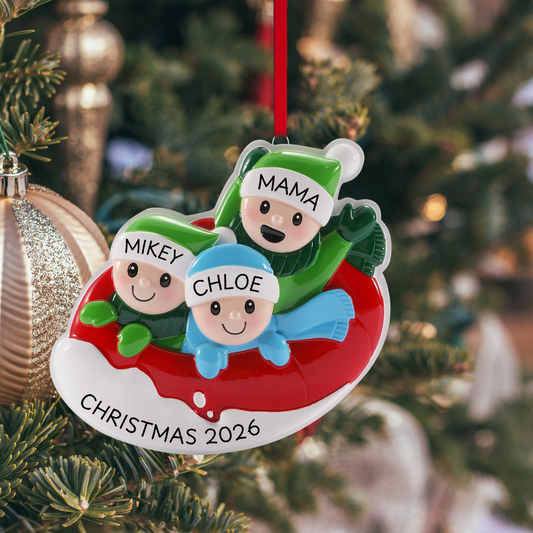 Parent with 2 Kids Snow Tubing Ornament