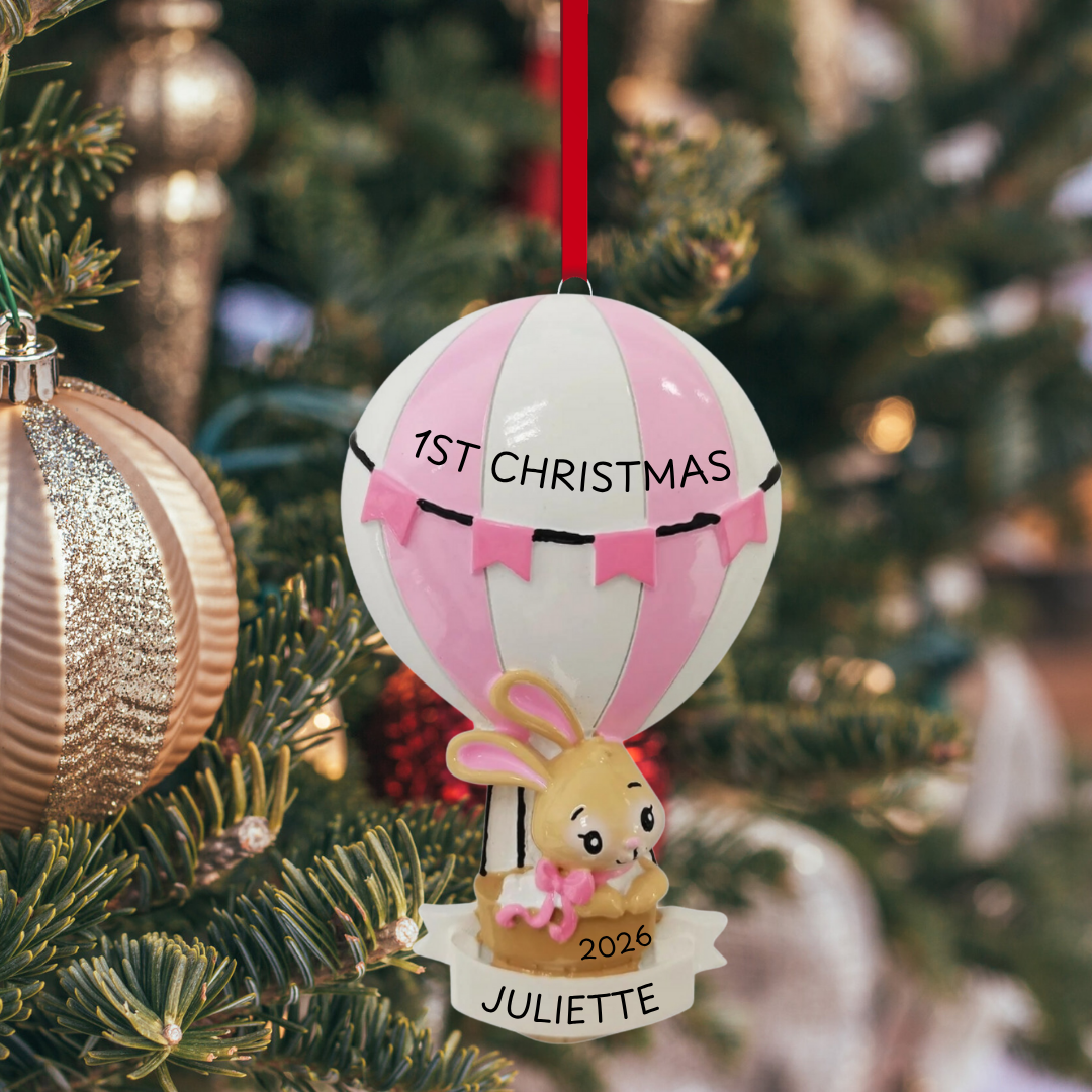 Pink Baby Bunny in Hot Air Balloon Ornament