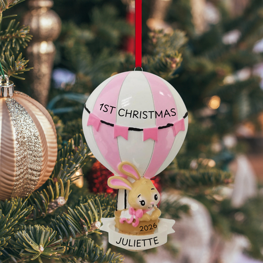 Pink Baby Bunny in Hot Air Balloon Ornament