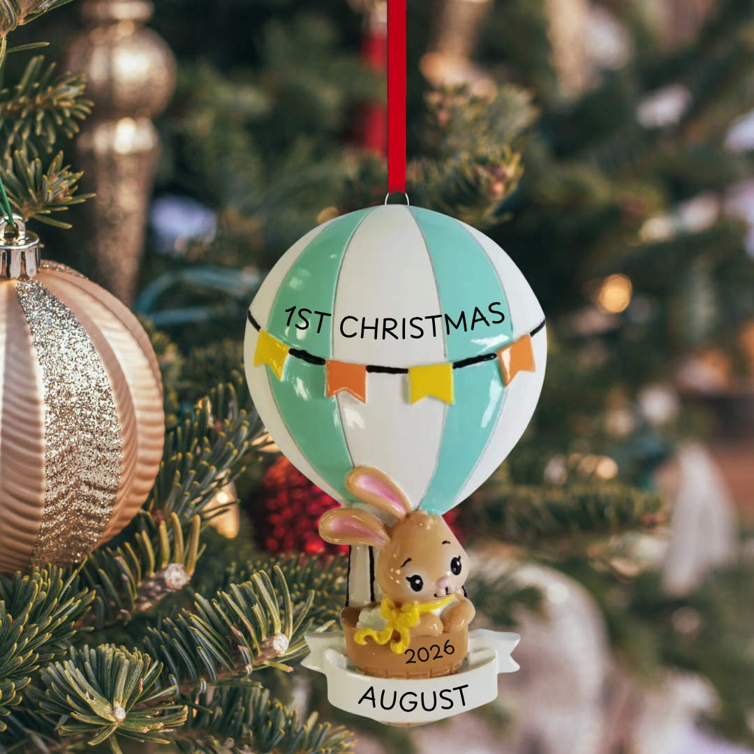 Blue Baby Bunny in Hot Air Balloon Ornament