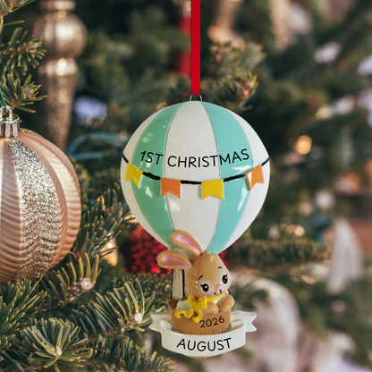 Blue Baby Bunny in Hot Air Balloon Ornament