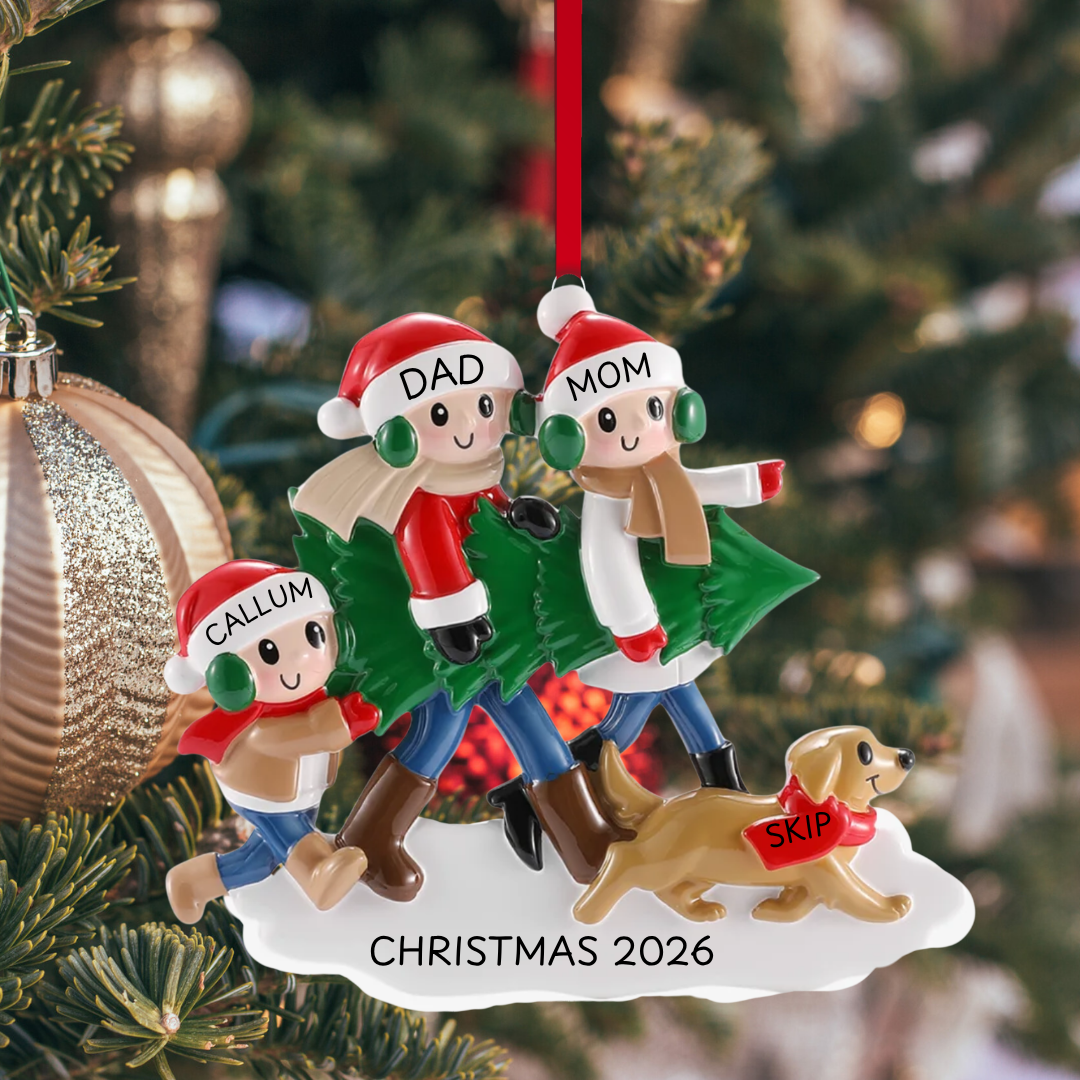 Christmas Tree Tradition Family of 3 with Dog Ornament