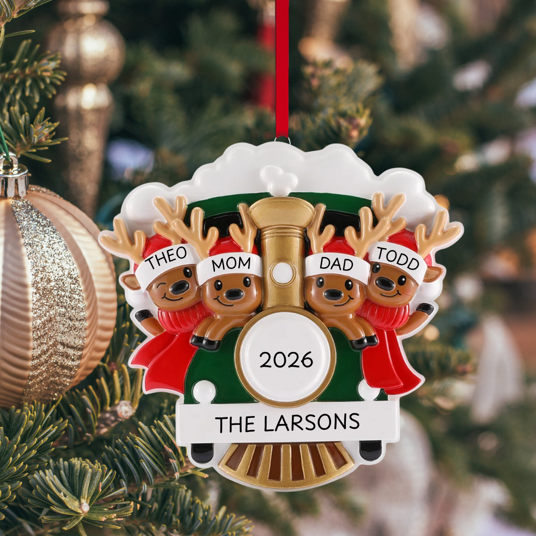 Reindeer on Christmas Train Family of 4 Ornament