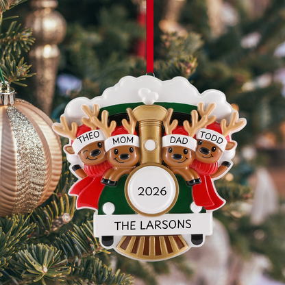 Reindeer on Christmas Train Family of 4 Ornament