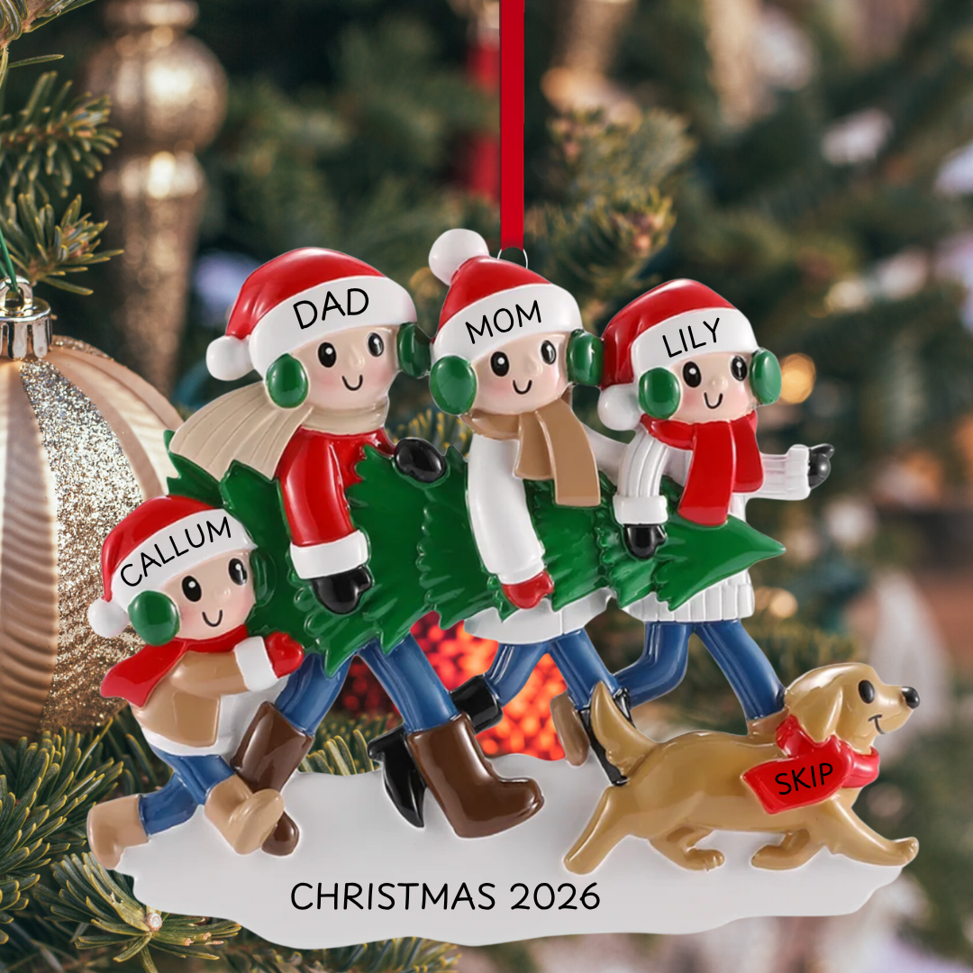 Christmas Tree Tradition Family of 4 with Dog Ornament