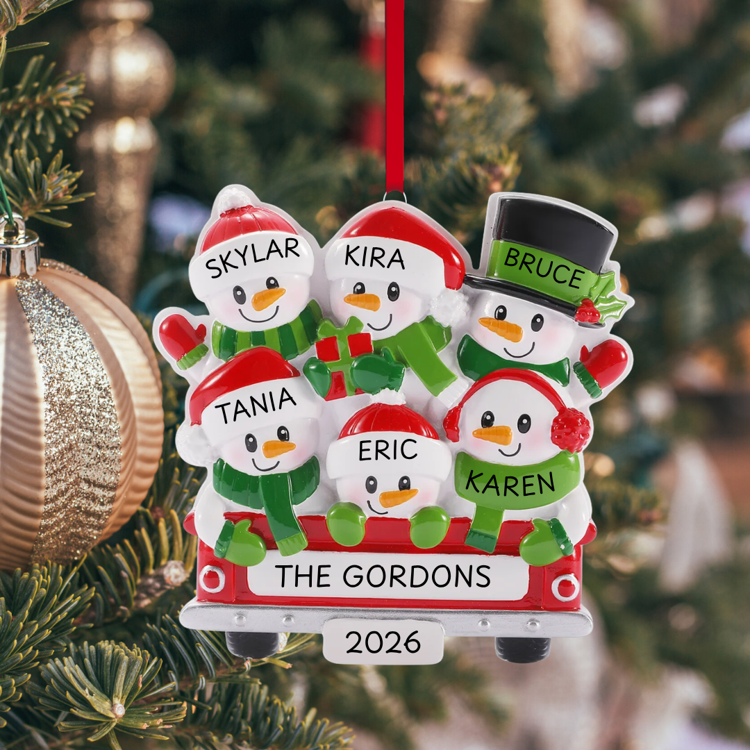 Snowman Back of Red Truck Family of 6 Ornament