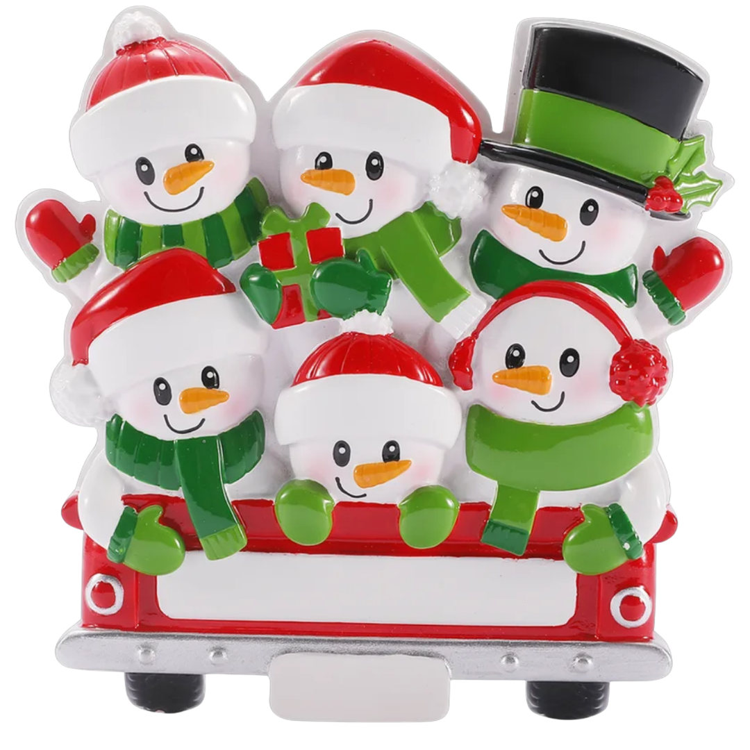 Snowman Back of Red Truck Family of 6 Ornament