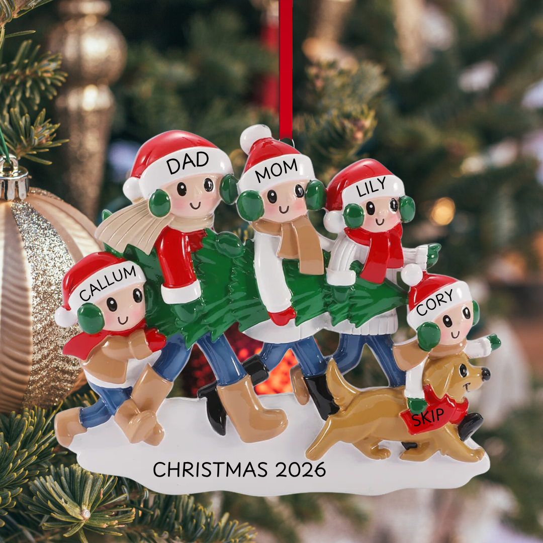 Christmas Tree Tradition Family of 5 with Dog Ornament