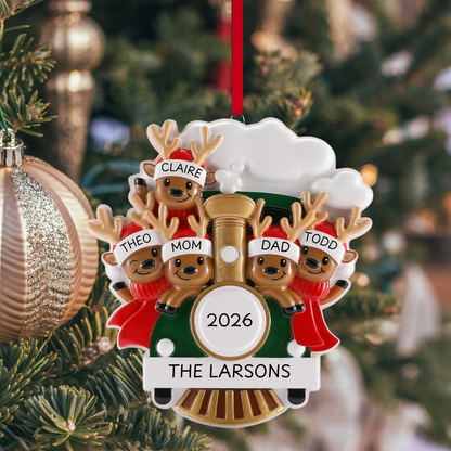 Reindeer on Christmas Train Family of 5 Ornament