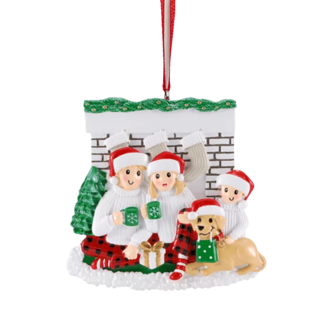 Fireplace Family of 3 with Dog Ornament