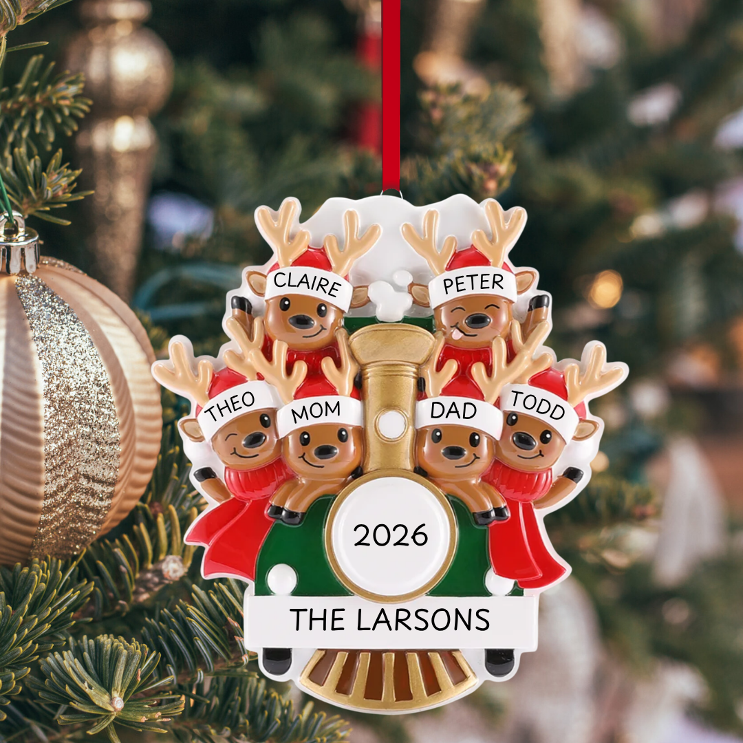 Reindeer on a Christmas Train Family of 6 Ornament