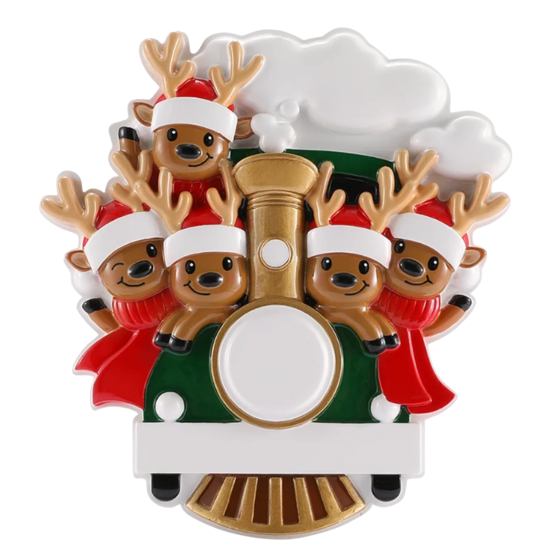 Reindeer on Christmas Train Family of 5 Ornament