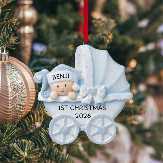 Baby in Blue Carriage Ornament