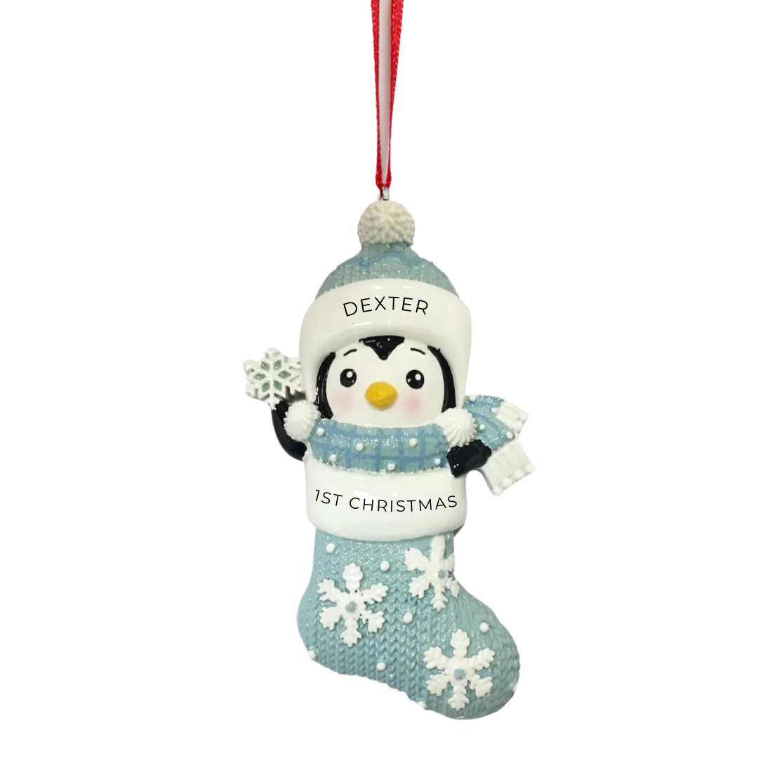 Personalized Baby’s First – Penguin in Snowflake Stocking – Blue Ornament - Custom Holiday Gift