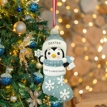 Personalized Baby’s First – Penguin in Snowflake Stocking – Blue Ornament - Custom Holiday Gift
