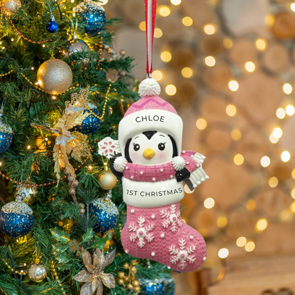 Personalized Baby’s First – Penguin in Snowflake Stocking – Pink Ornament - Custom Holiday Gift