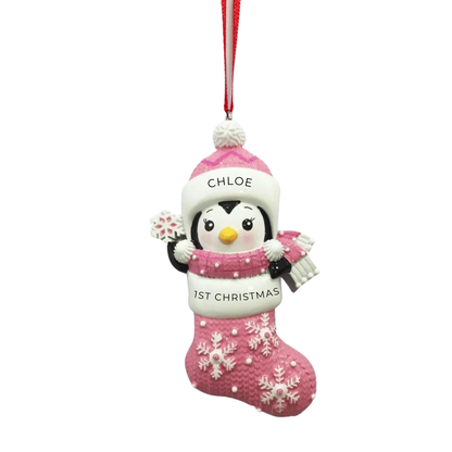 Personalized Baby’s First – Penguin in Snowflake Stocking – Pink Ornament - Custom Holiday Gift