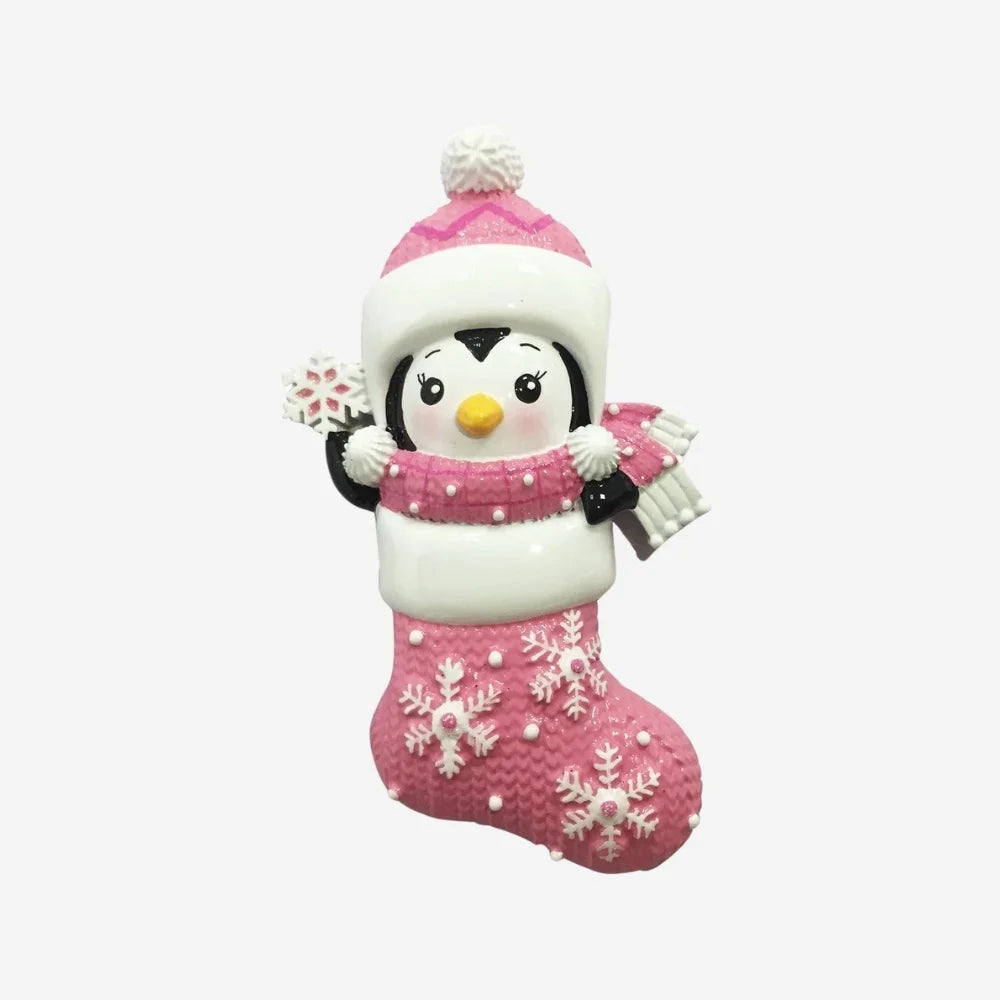 Personalized Baby’s First – Penguin in Snowflake Stocking – Pink Ornament - Custom Holiday Gift