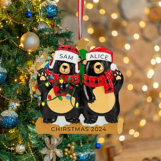 Personalized Bears with Scarf & Santa Hat Family of 2 Ornament - Custom Holiday Gift