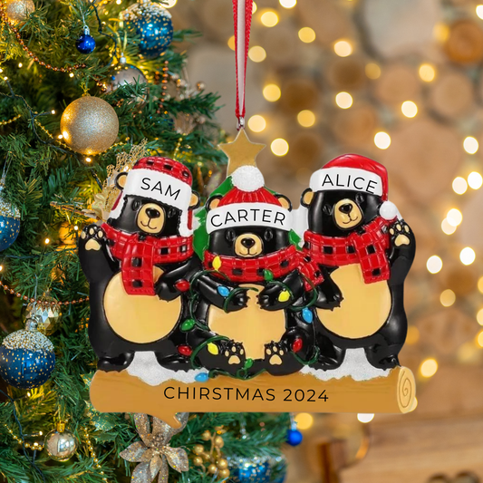 Personalized Bears with Scarf & Santa Hat Family of 3 Ornament - Custom Holiday Gift