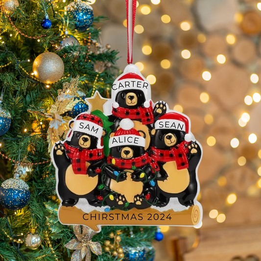 Personalized Bears with Scarf & Santa Hat Family of 4 Ornament - Custom Holiday Gift