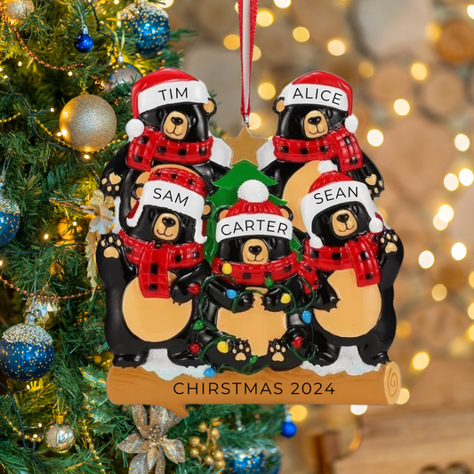 Personalized Bears with Scarf & Santa Hat Family of 5 Ornament- Custom Holiday Gift