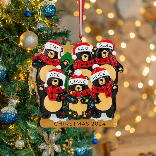 Personalized Bears with Scarf & Santa Hat Family of 6 Ornament- Custom Holiday Gift