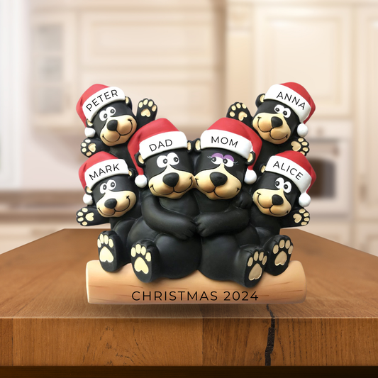 Personalized Black Bear Family of 6- Table Topper Stand Decoration - Custom Holiday Gift