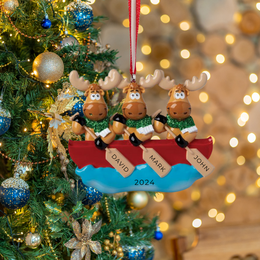 Personalized Canoe Moose Family of 3 Ornament - Custom Holiday Gift