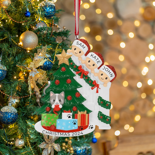 Personalized Cat in Christmas Tree Family of 3 Ornament - Custom Holiday Gift
