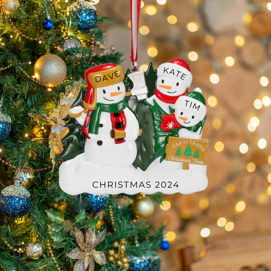 Personalized Christmas Tree Farm Snowman Family of 3 Ornament - Custom Holiday Gift