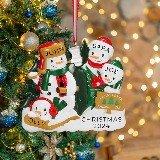 Personalized Christmas Tree Farm Snowman Family of 4 Ornament - Custom Holiday Gift