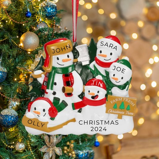 Personalized Christmas Tree Farm Snowman Family of 5 Ornament - Custom Holiday Gift