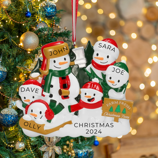 Personalized Christmas Tree Farm Snowman Family of 6 Ornament - Custom Holiday Gift