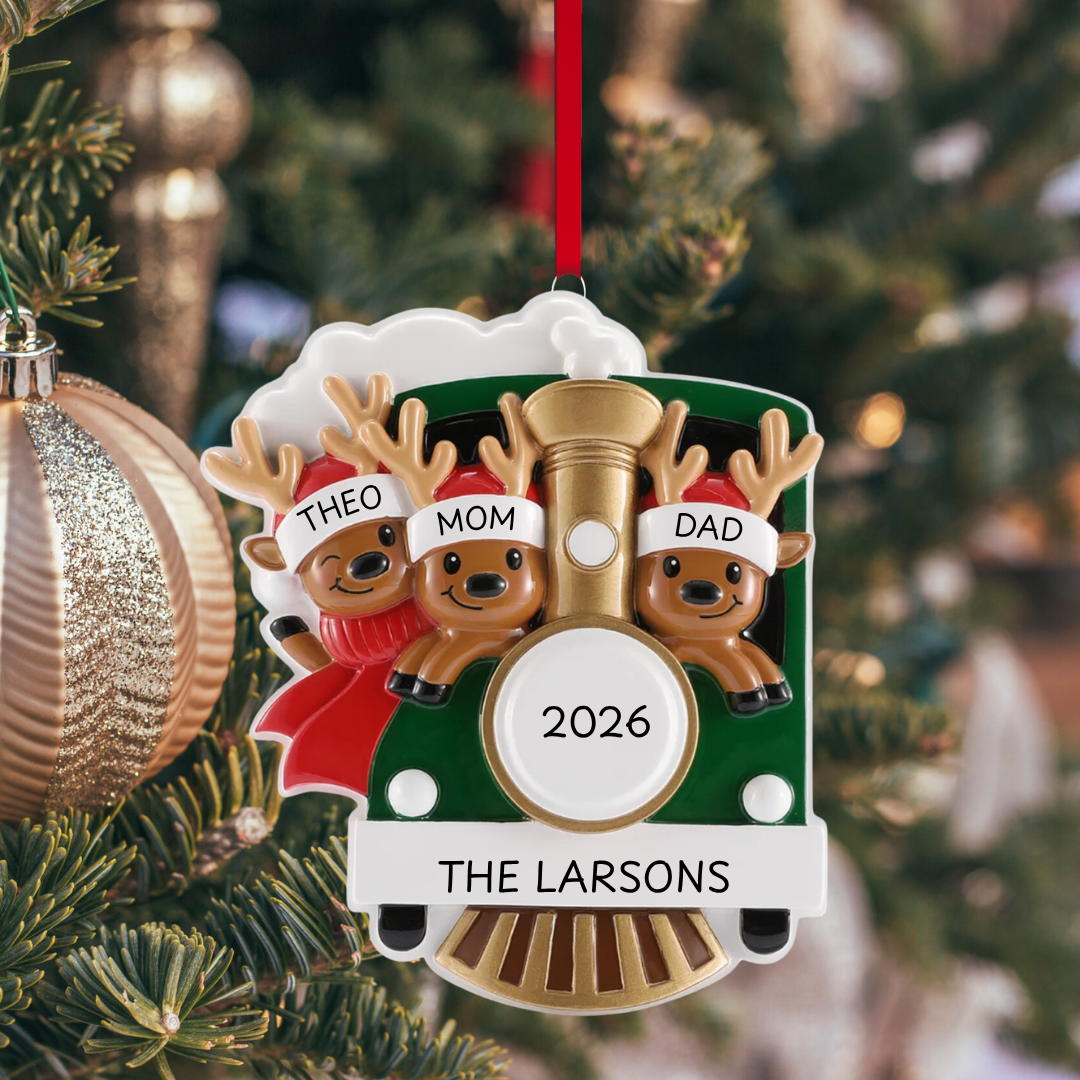 Reindeer on Christmas Train Family of 3 Ornament