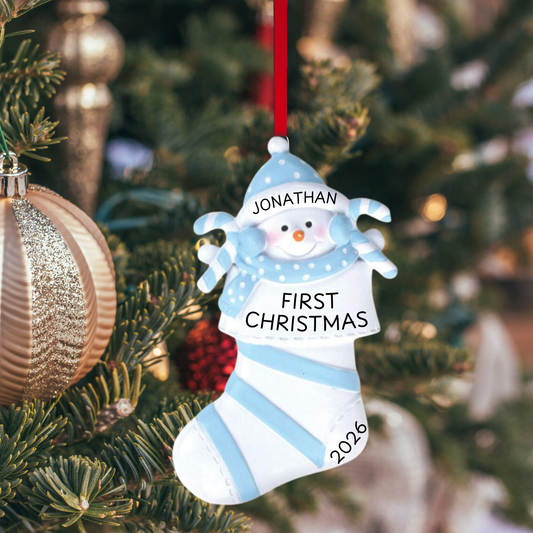 Snowbaby in Stocking - Blue Ornament