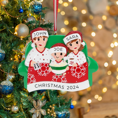 Personalized Family of 3 Movie Night Ornament - Custom Holiday Gift