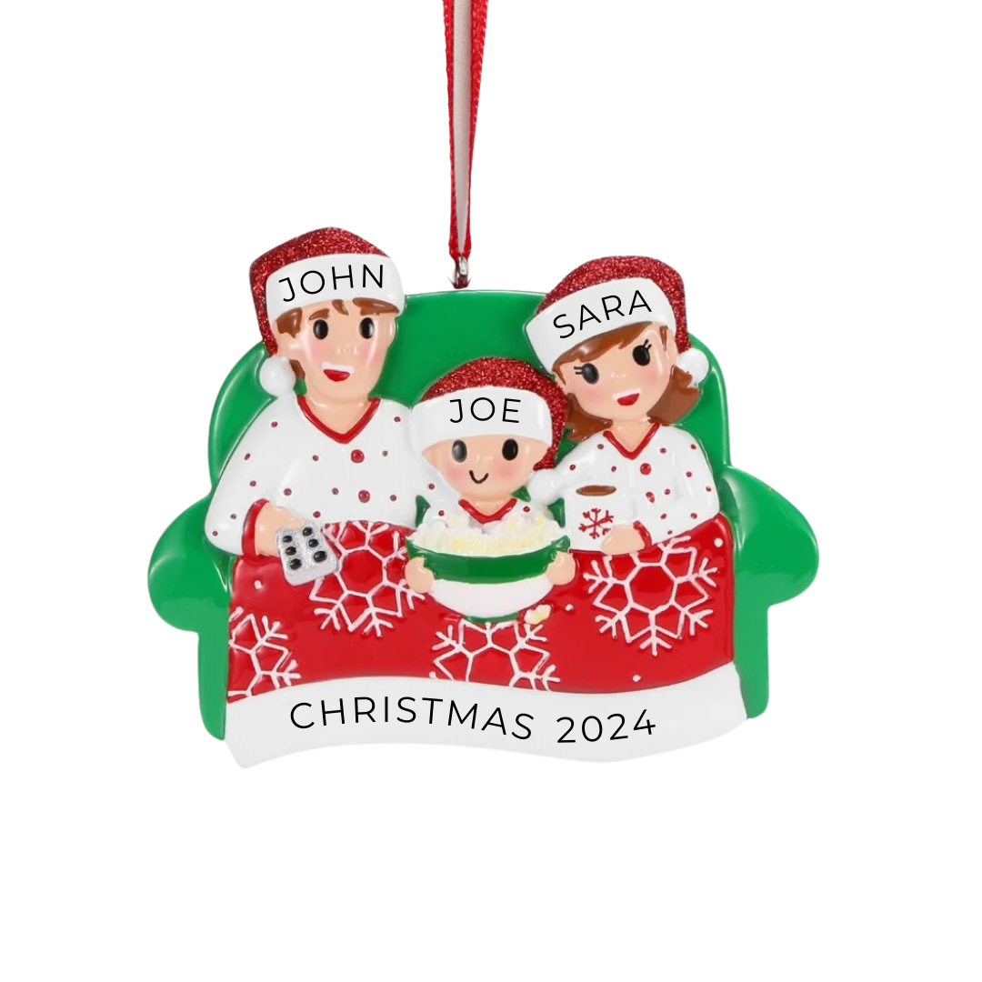 Personalized Family of 3 Movie Night Ornament - Custom Holiday Gift