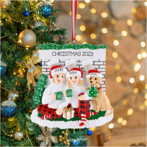 Personalized Fireplace Couple with Dog Ornament - Custom Holiday Gift