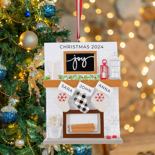 Personalized Fireplace Mantle Family of 3 Ornament - Custom Holiday Gift