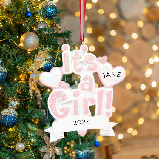 Personalized It's a Girl Baby Ornament - Custom Holiday Gift