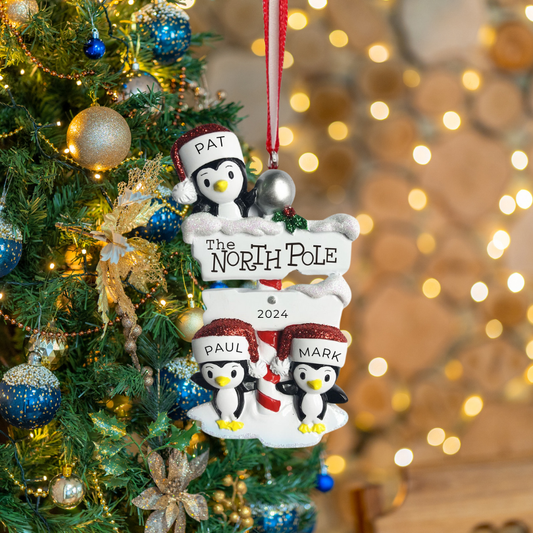 Personalized North Pole Penguin family of 3 Ornament - Custom Holiday Gift