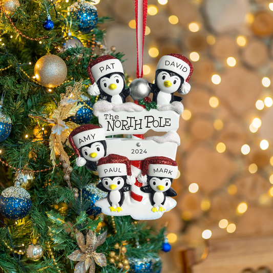 Personalized North Pole Penguin family of 5 Ornament - Custom Holiday Gift