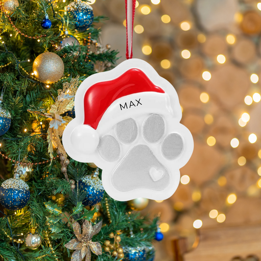 Personalized Paw Print with Santa Hat Ornament - Custom Holiday Gift