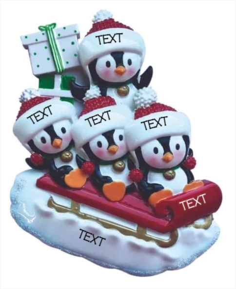 Penguin Family of 4 on Sleigh Ornament