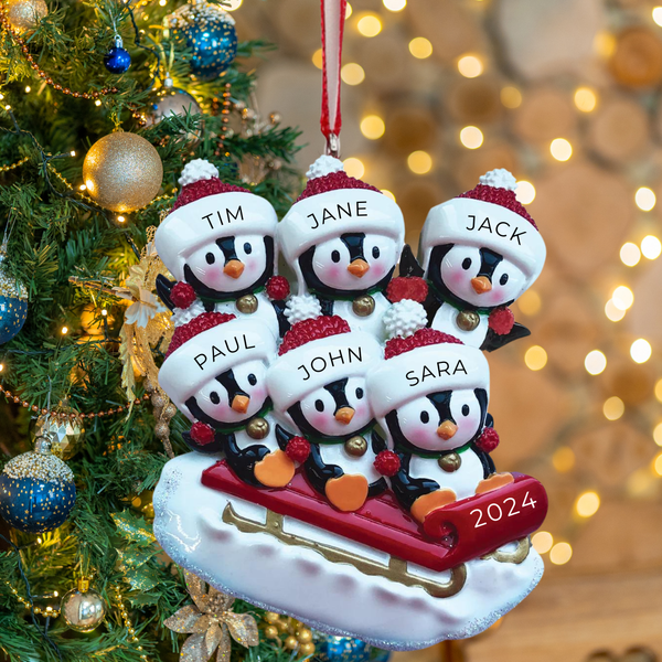 Penguin Family Of 6 On Sleigh Ornament Pattern Personalized Penguin ...