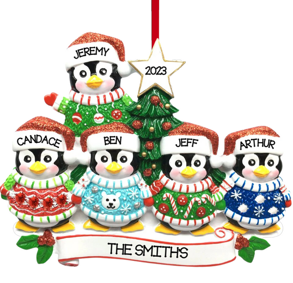 Christmas Sweater Penguin Family of 5 Ornament