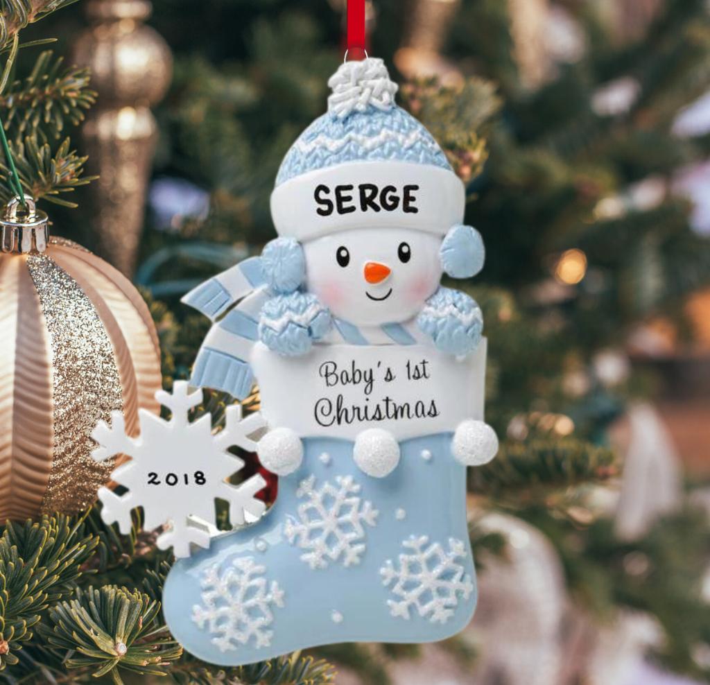 Snowbaby in Stocking - Blue Ornament