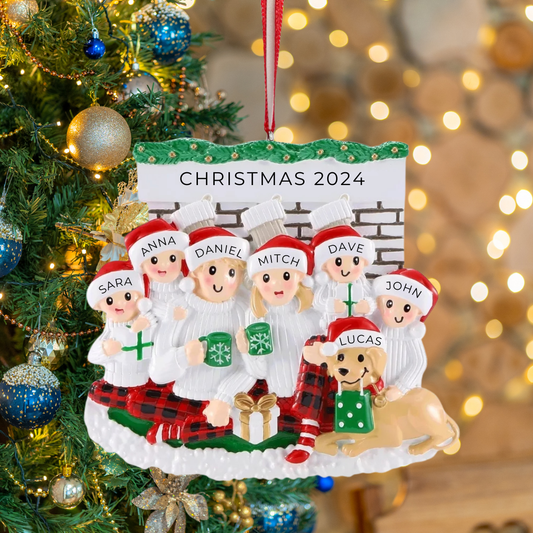 Personalized Sitting in Front of Fireplace (Family of 6) Ornament - Custom Holiday Gift